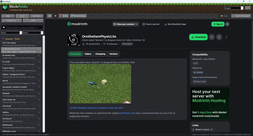 A new mod's page shown inside BlockPedia