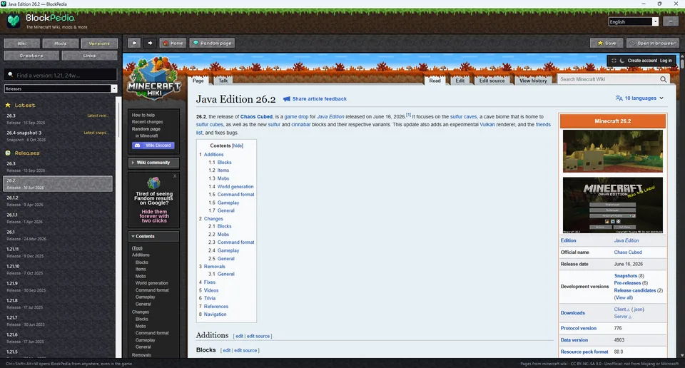 The Java Edition 26.2 page in BlockPedia's Versions tab