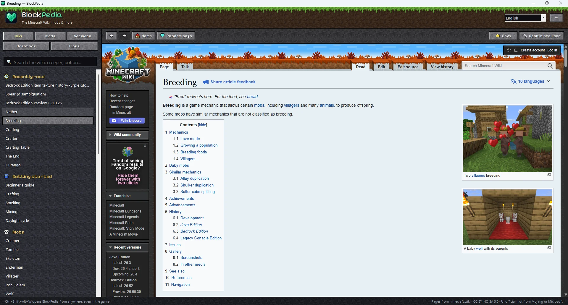 BlockPedia showing the Minecraft Wiki page about breeding